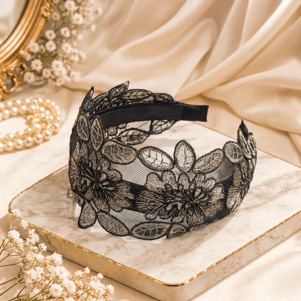3 PCs (Red + Blue + Black) । Embroidered Lace Hijab Band । CN-64 - Image 4